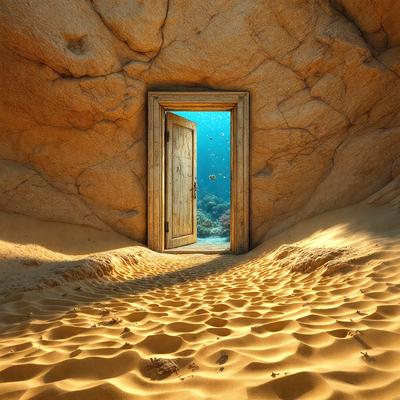 The primary subject of the image is a doorway leading to a cave. The doorway is open, and the cave is filled with water, creating a unique underwater environment. The setting is a rocky area with a sandy surface, and the visual style is a photo. The dominant colors are blue and orange, and the overall atmosphere is mysterious and intriguing.